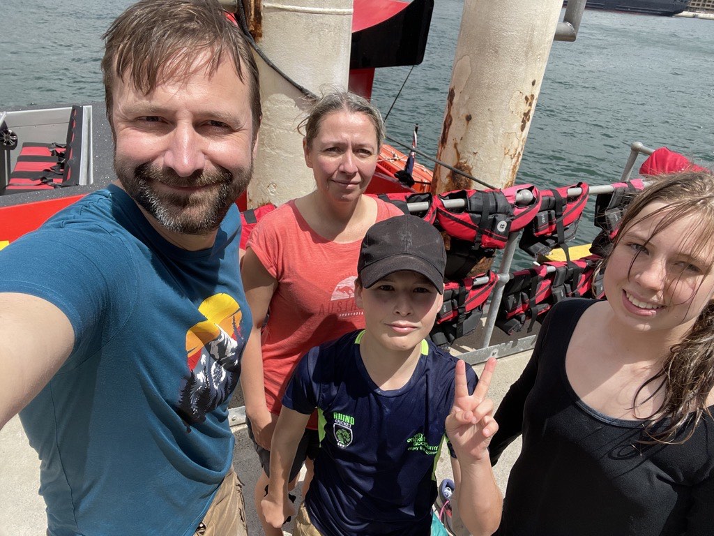 Soaked after the harbour boat ride