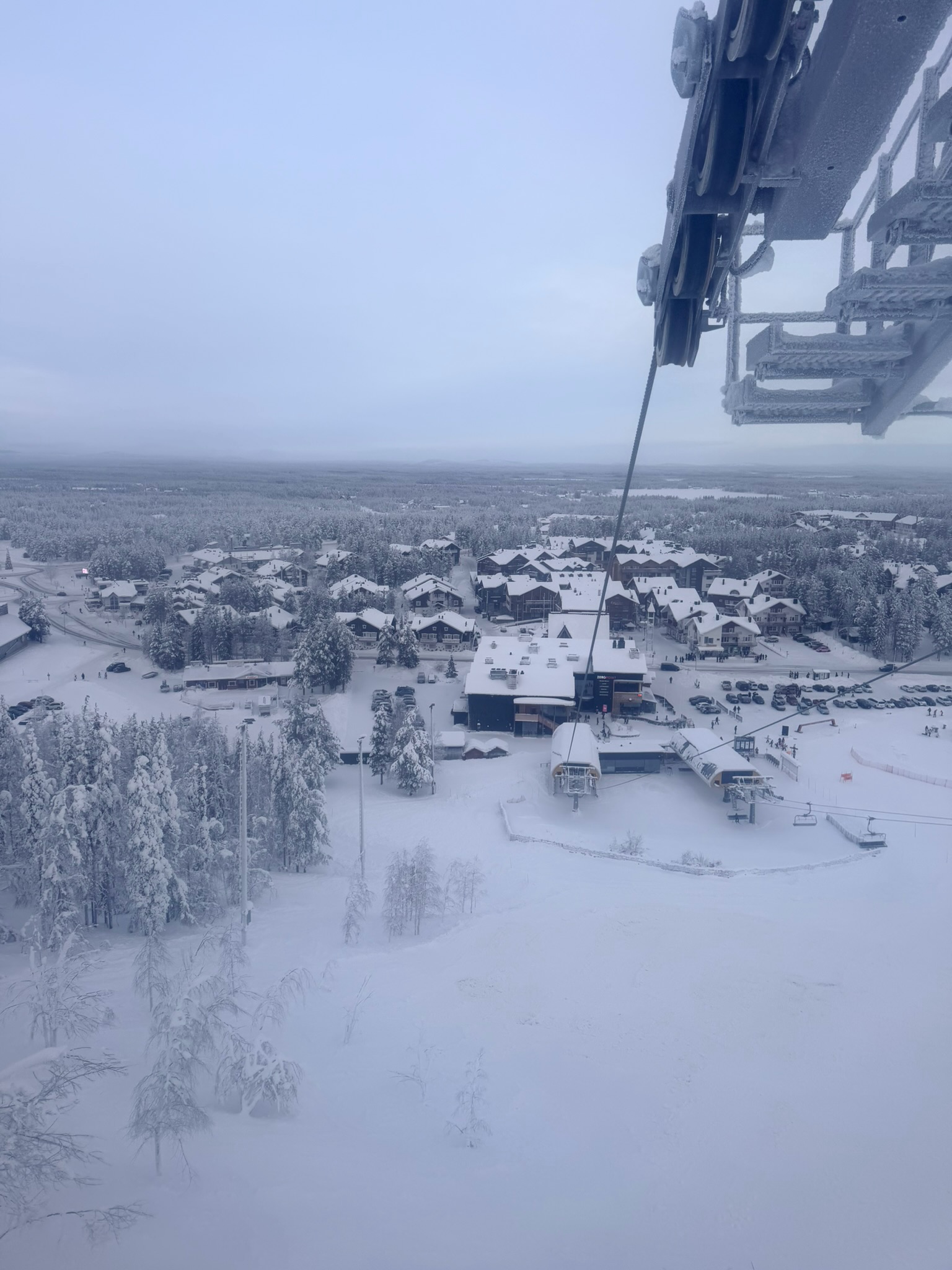 View from the gondola looking down over the Levi base village