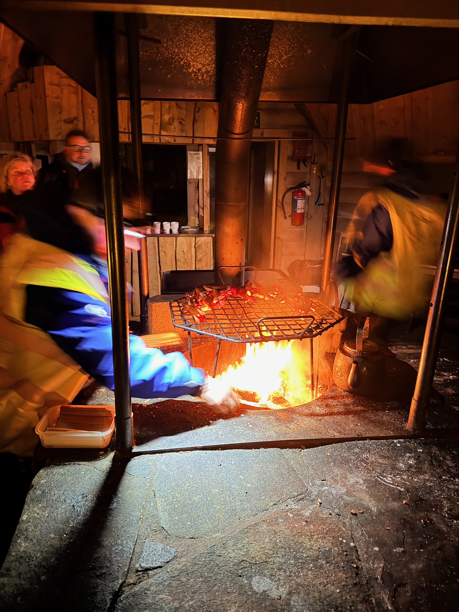 Sausages and hot drinks at the warming hut — very welcome