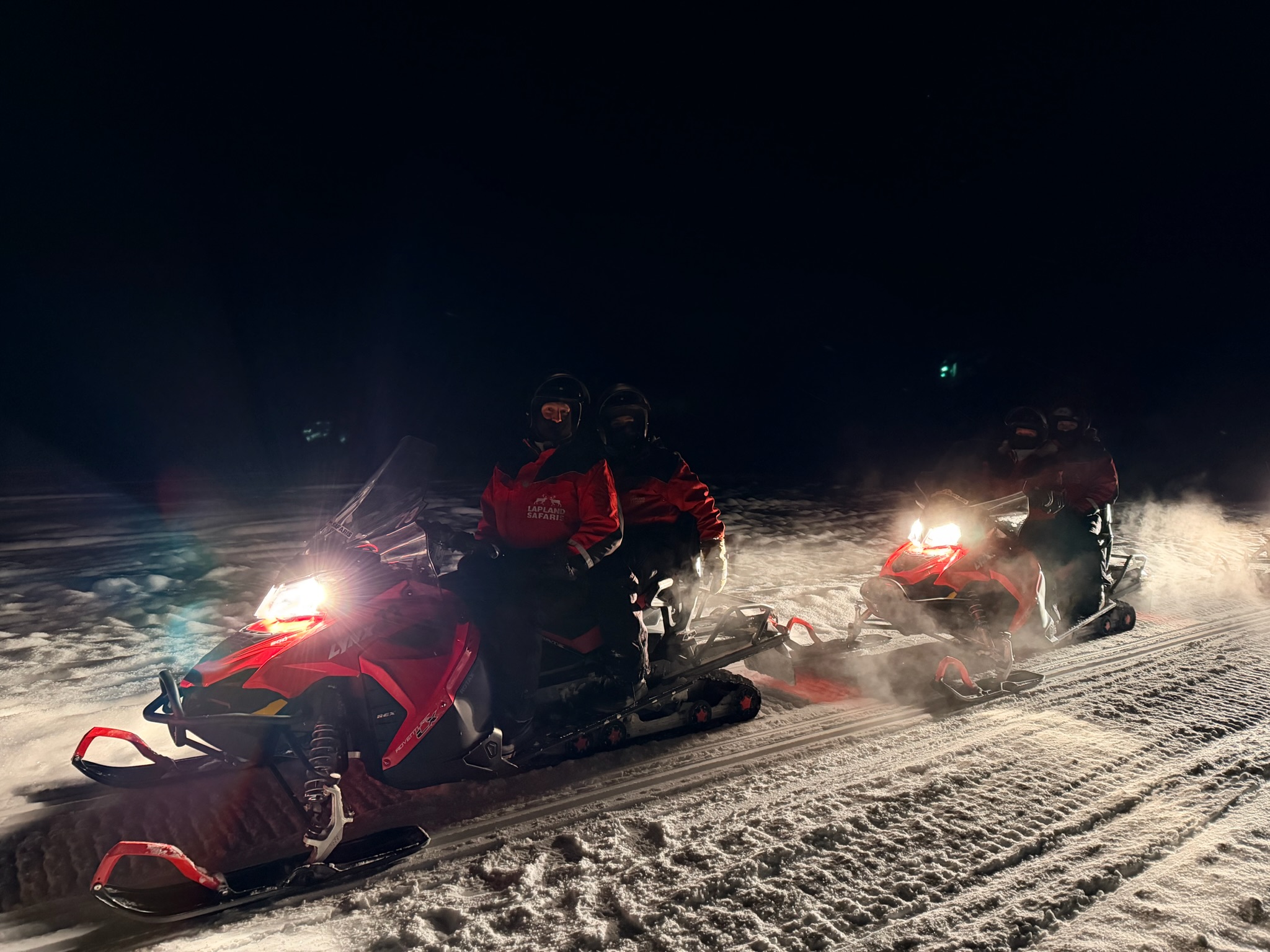 Out into the dark on the snowmobiles — one of the highlights of the whole trip