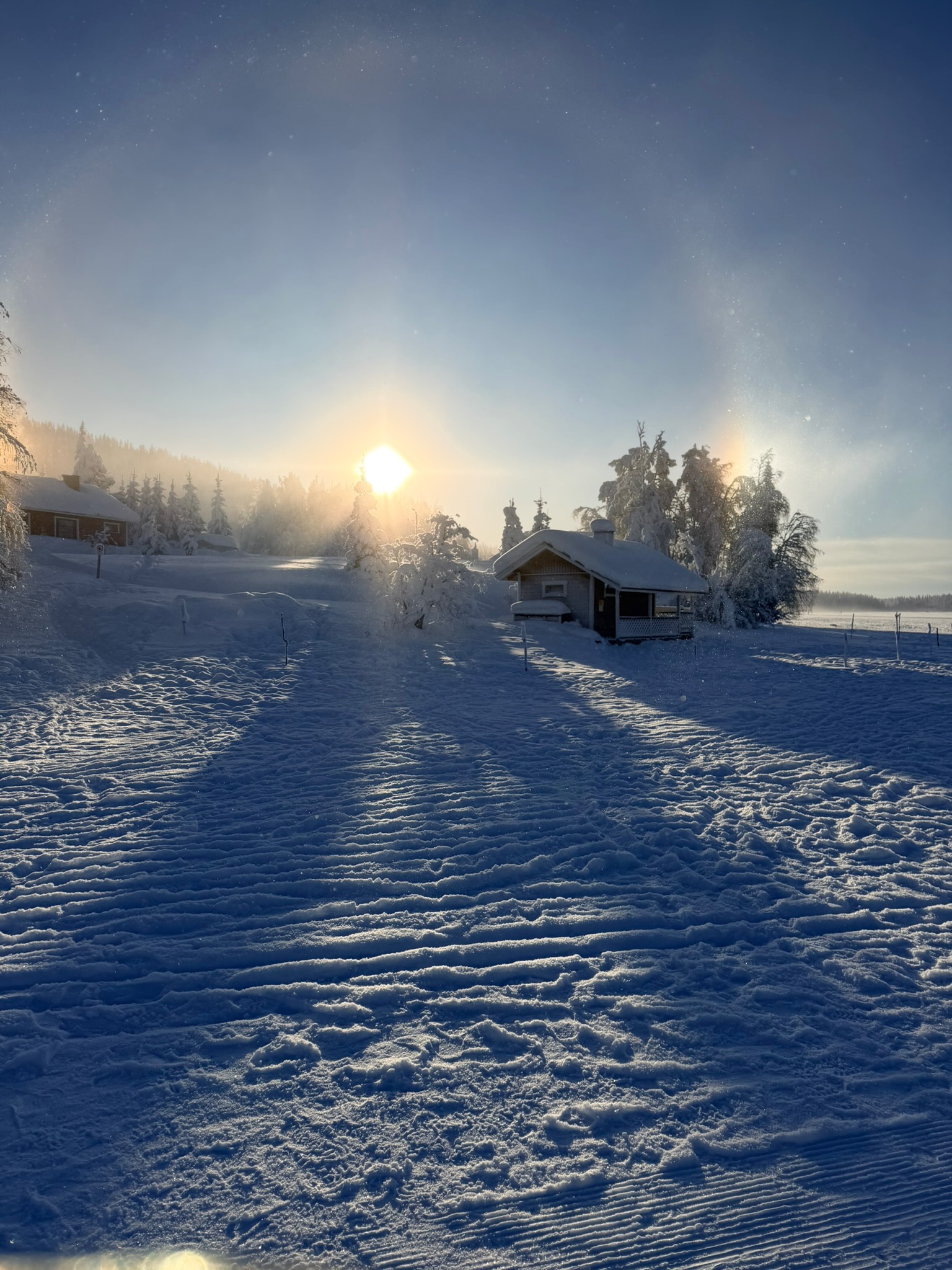 The chalet village at golden hour — the light was incredible