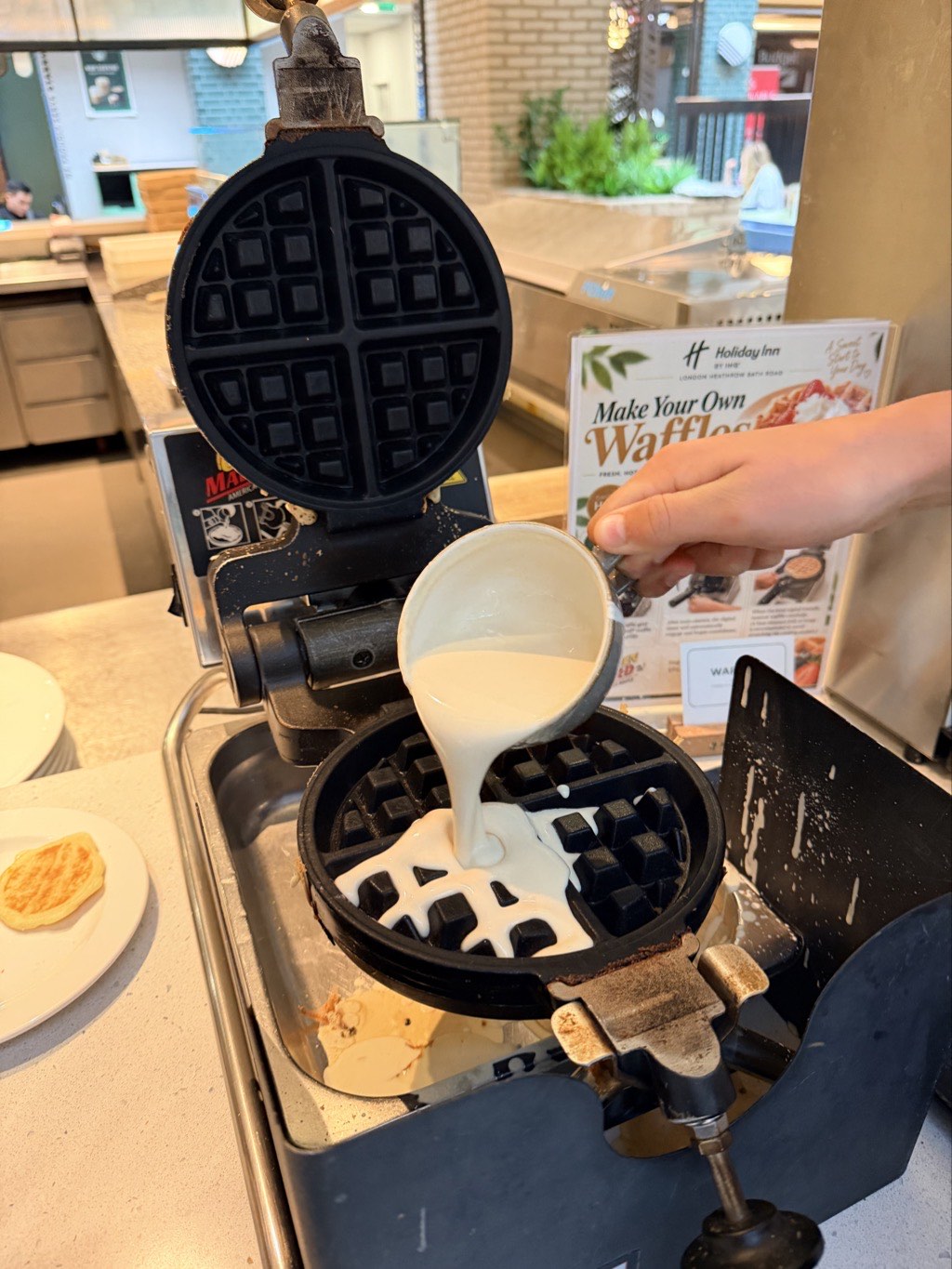 Making waffles at the Holiday Inn