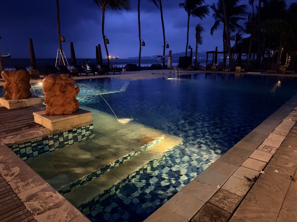 The resort pool at dusk